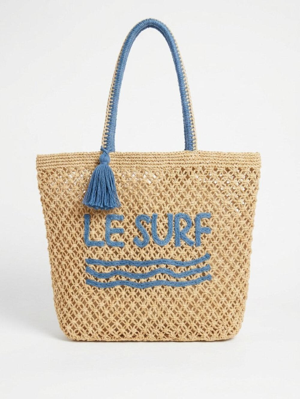 NWT Beachly Lu & Elle Le Surf Woven Tote Bag Straw Tassel Natural Blue
